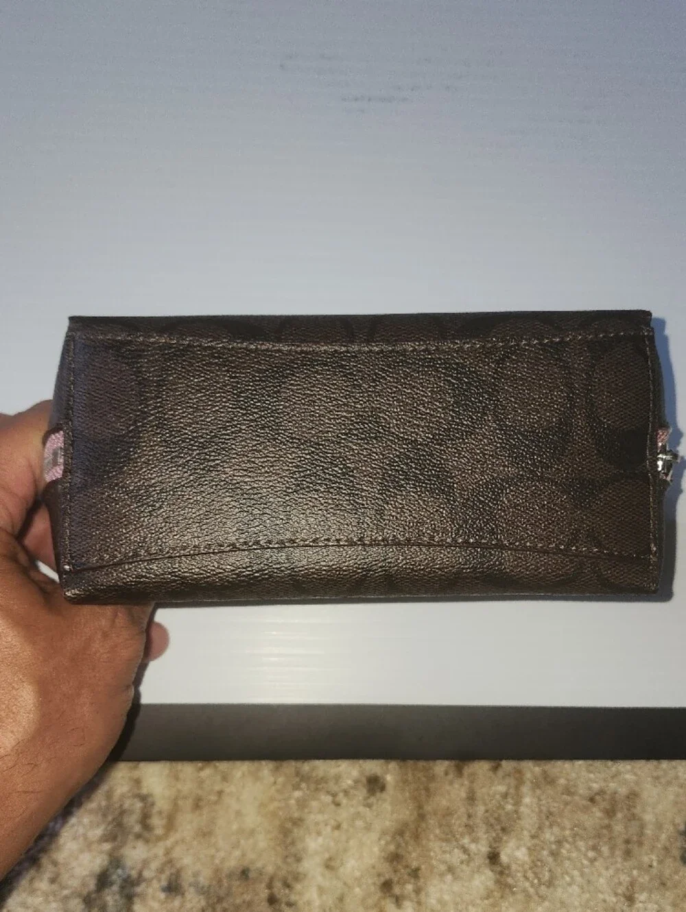 Coach Cosmetic Case 17  Signature Canvas Pouch with Pink Zipper.